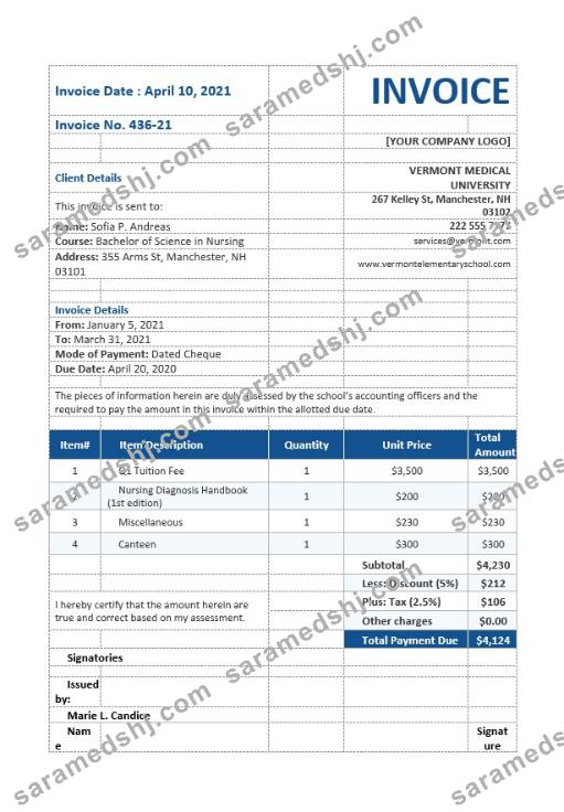 Nursing School Invoice Template